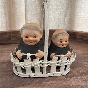 Charming Friar Tuck Monk Salt and Pepper Shakers in Basket